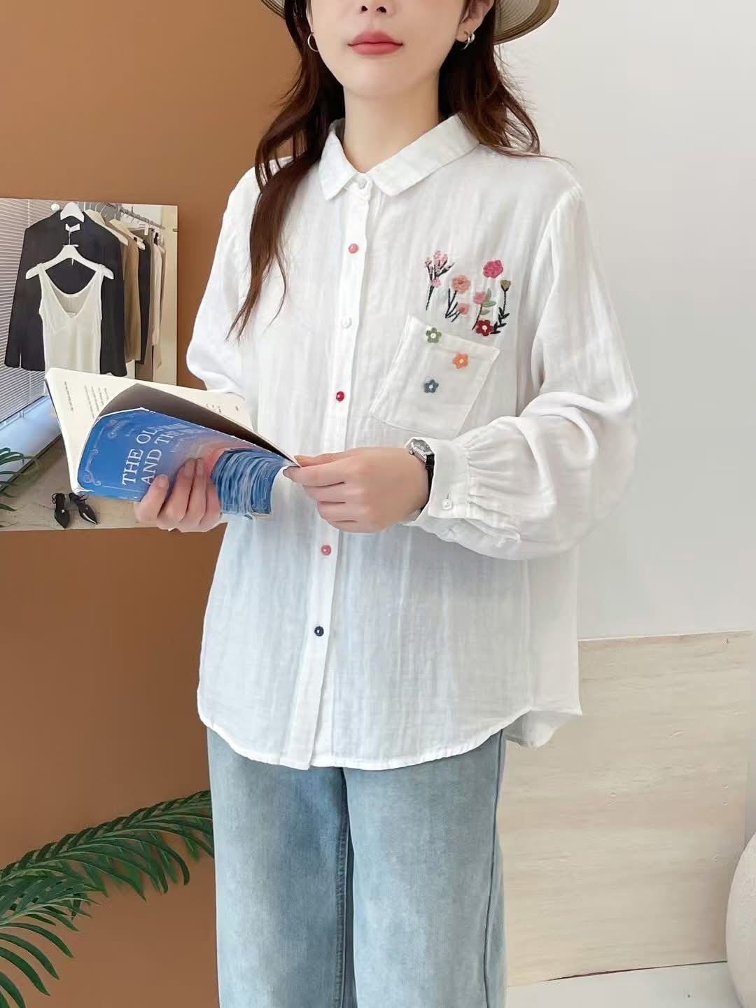 WHITE EMBROIDERY PURE SOFT MUL COTTON TOP