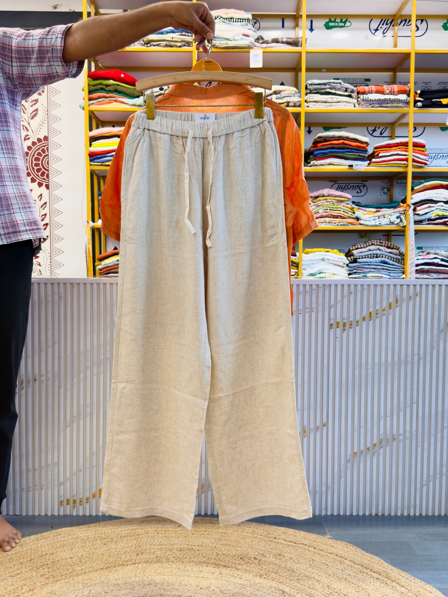 ORANGE LINEN  EMBROIDERY TOP  WITH LINEN PANT SET