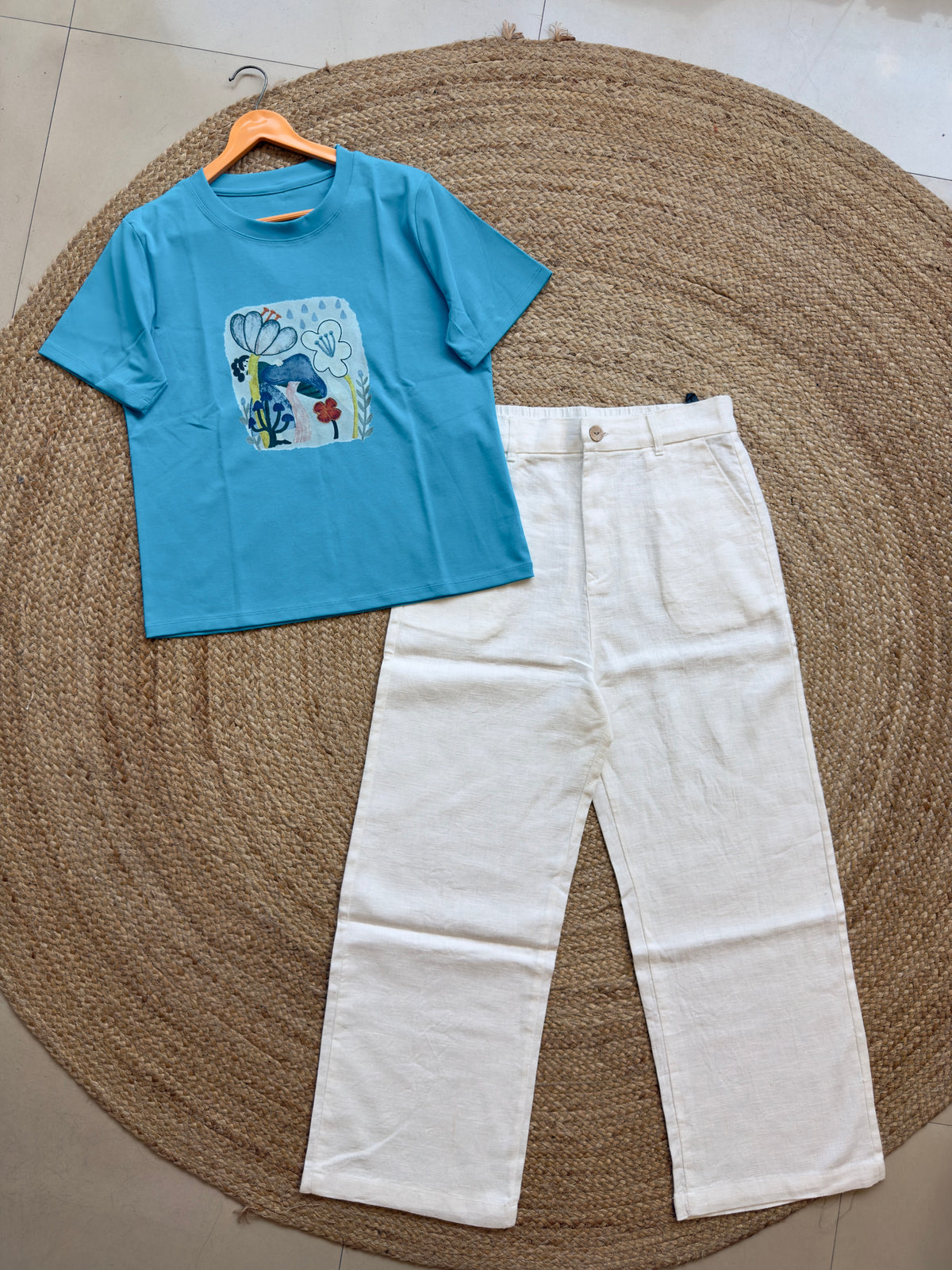 TRENDING COLOUR COTTON PRINT TSHIRT WITH LINEN STRAIGHT PANT SET