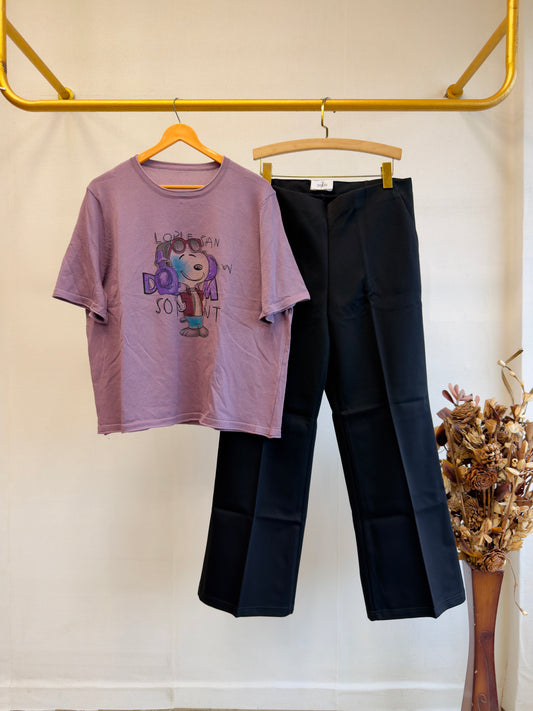 PURPLE SHADE PRINT SOFT KNITTING TOP WITH BELL BOTTOM PANT SET