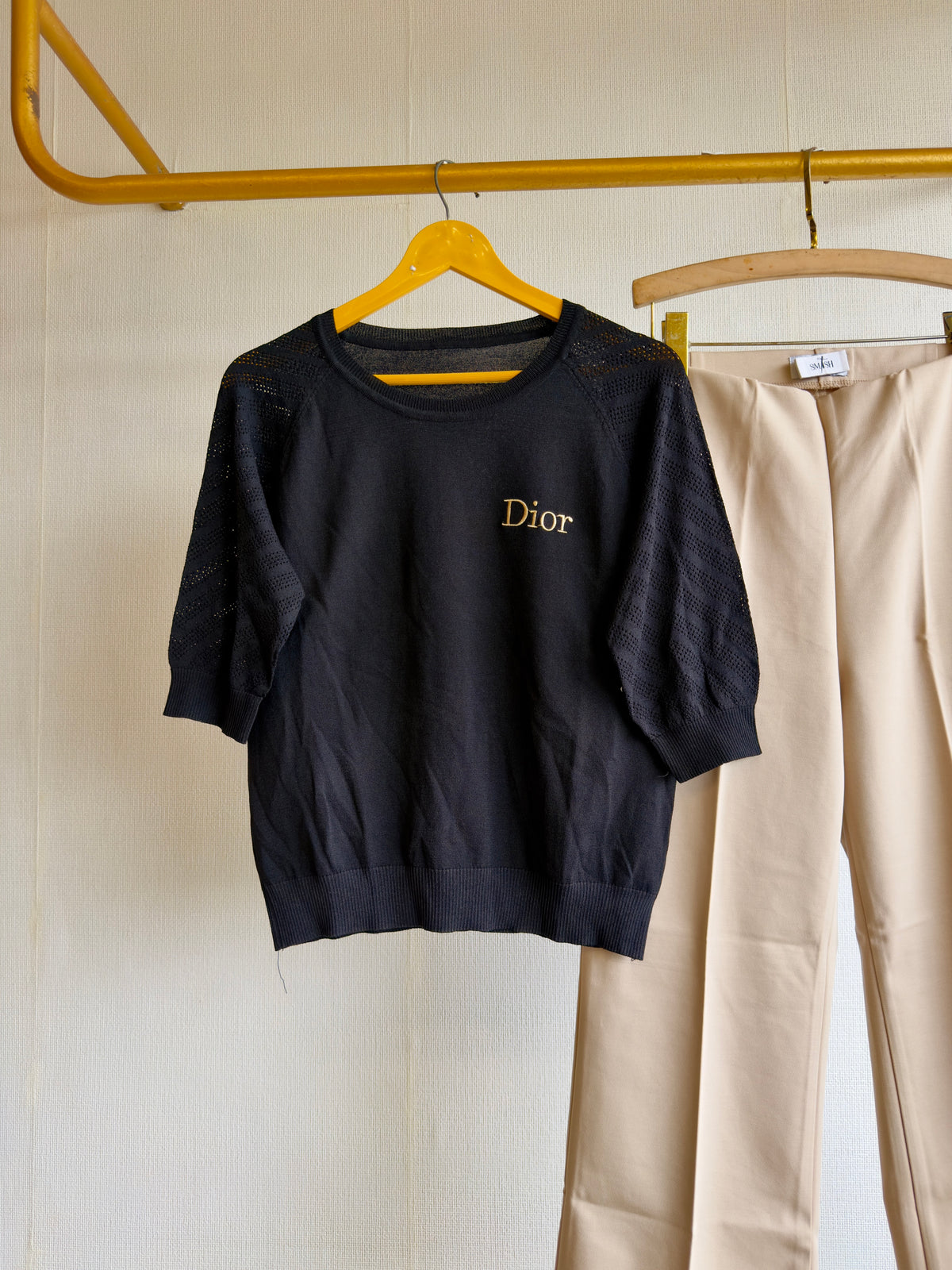 SOFT KNITTING BLACK DIOR EMBROIDERY TOP WITH BELL BOTTOM PANT SET