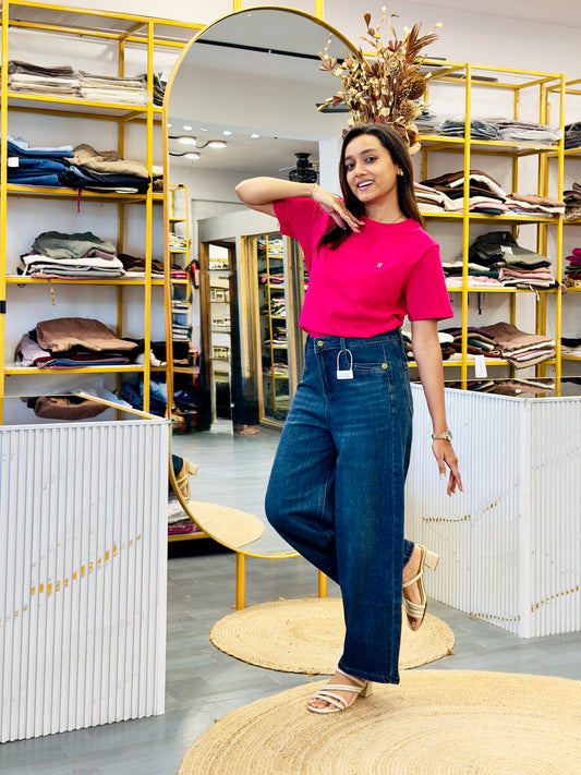 HOT PINK PLAIN TSHIRT WITH IMPORTED BARREL FIT DENIM PANT SET