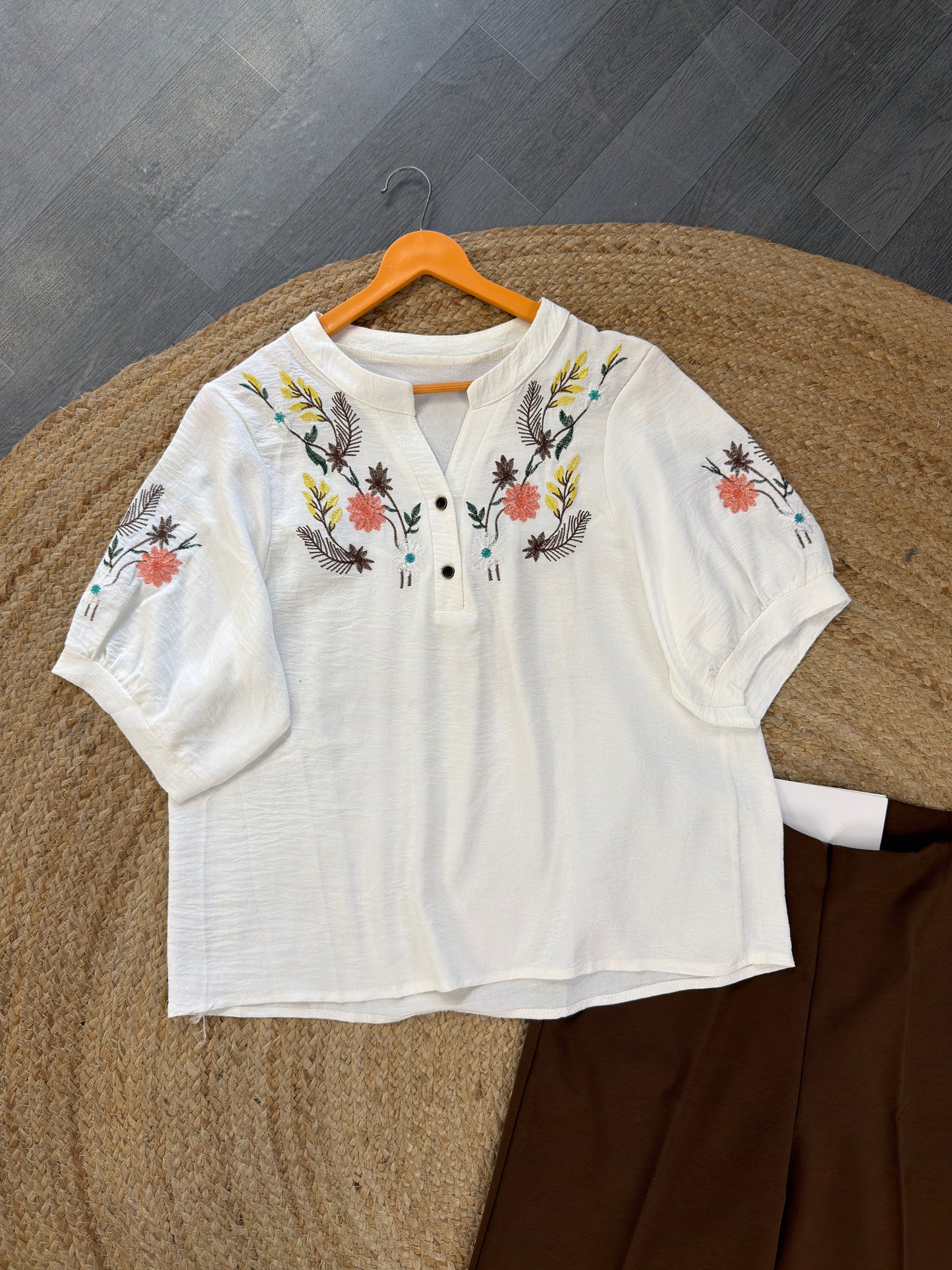 WHITE EMBROIDERY TOP WITH BELL BOTTOM PANT SET