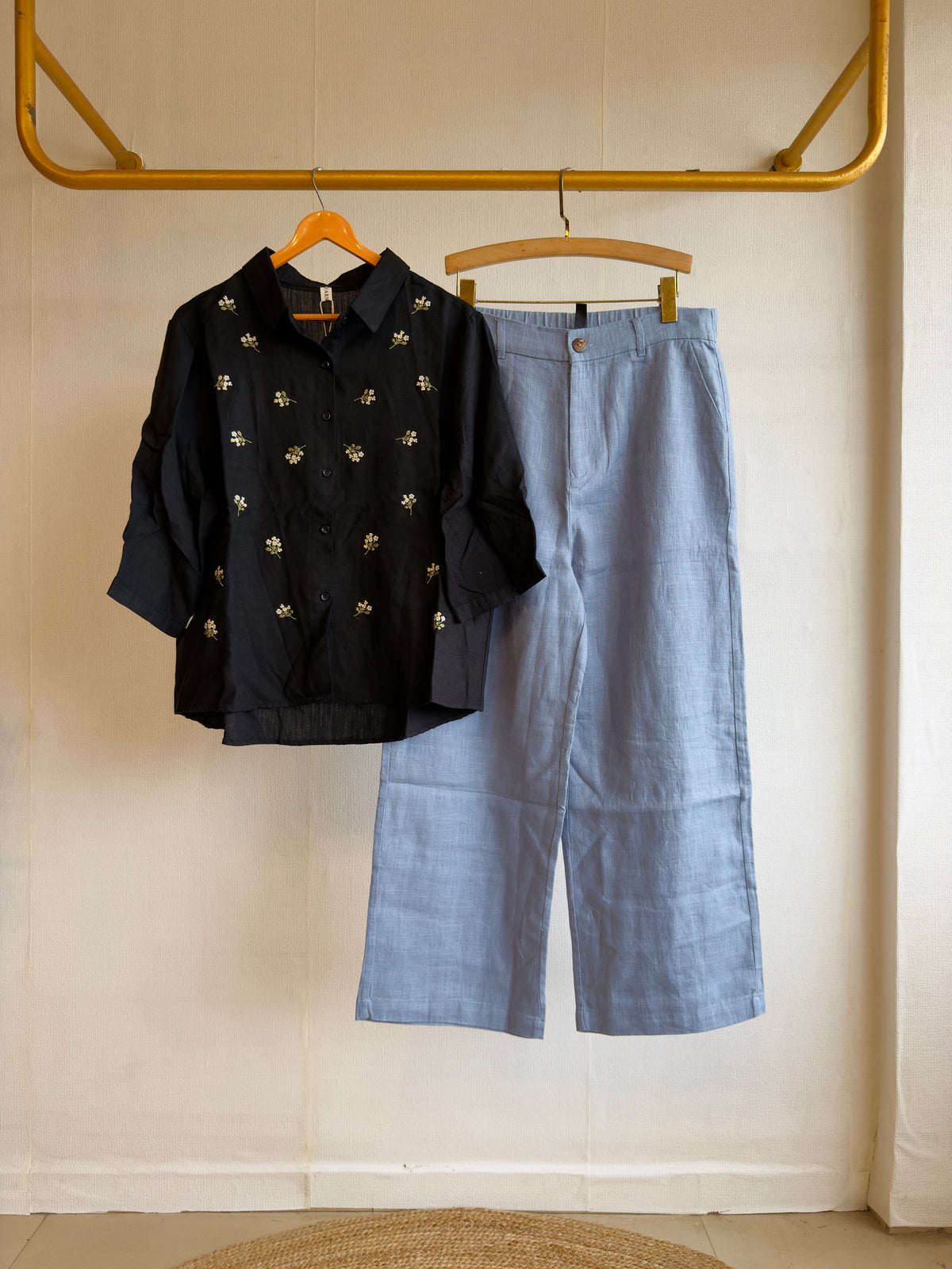 LINEN BLACK EMBROIDERY SHIRT WITH LINEN STRAIGHT PANT SET