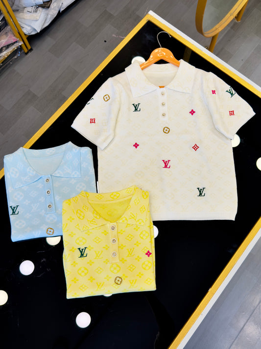 SOFT KNITTING LV LATTERN EMBROIDERY TOP