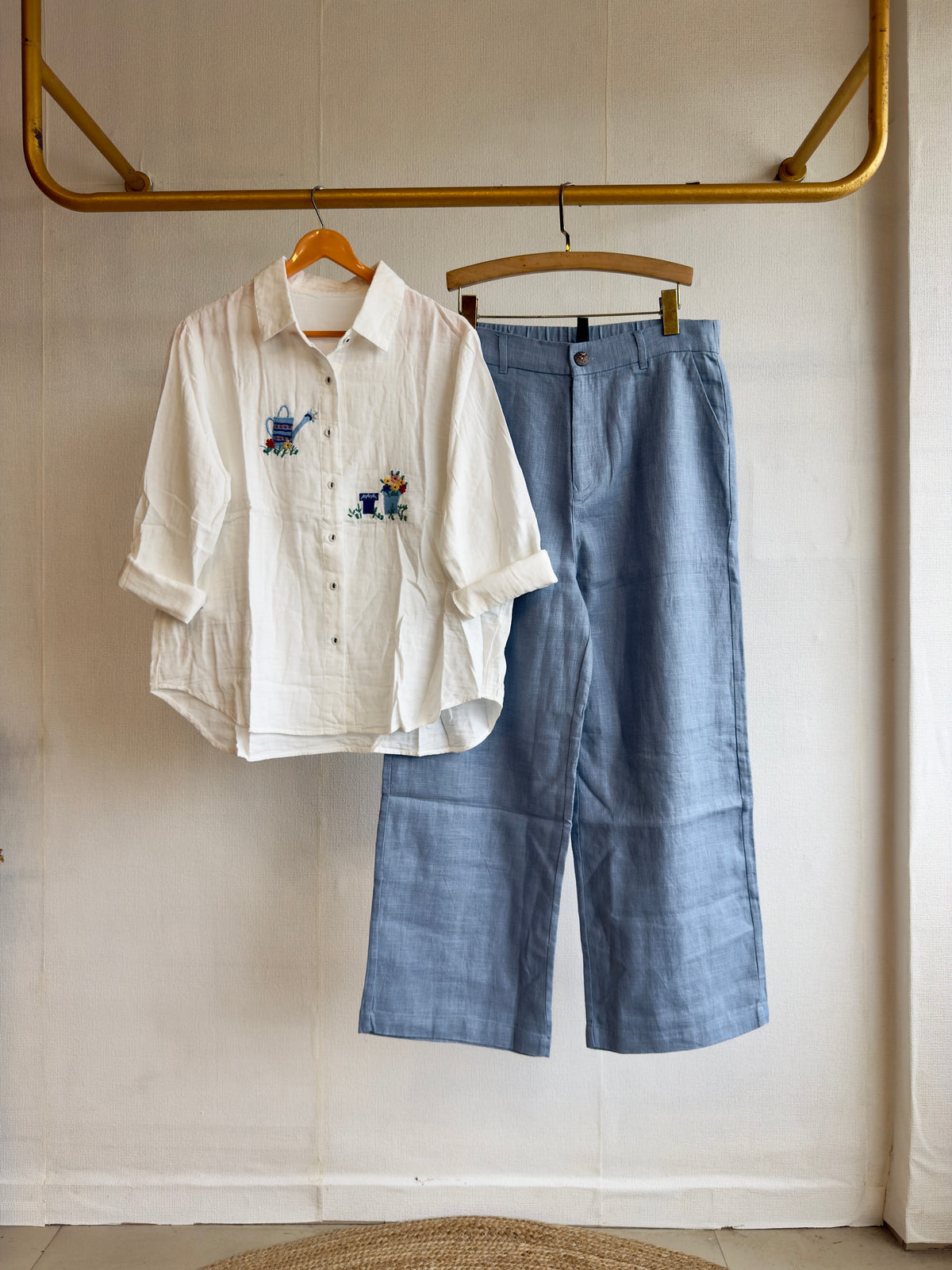 MUL COTTON EMBROIDERY SHIRT WITH LINEN STRAIGHT PANT SET