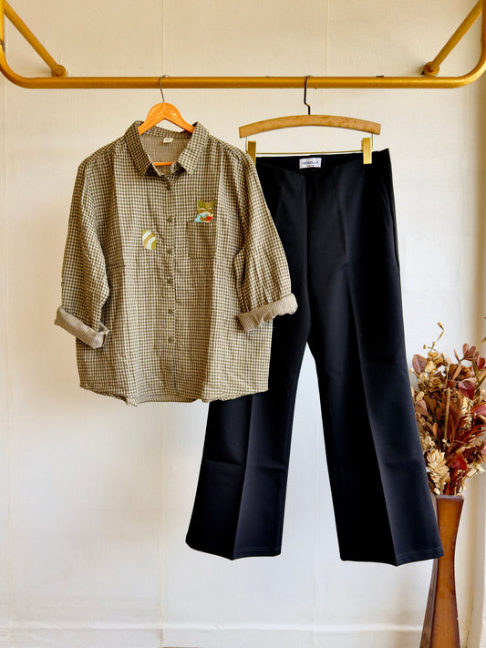 CHEX EMBROIDERY MUL COTTON SHIRT TOP WITH BELL BOTTOM PANT SET