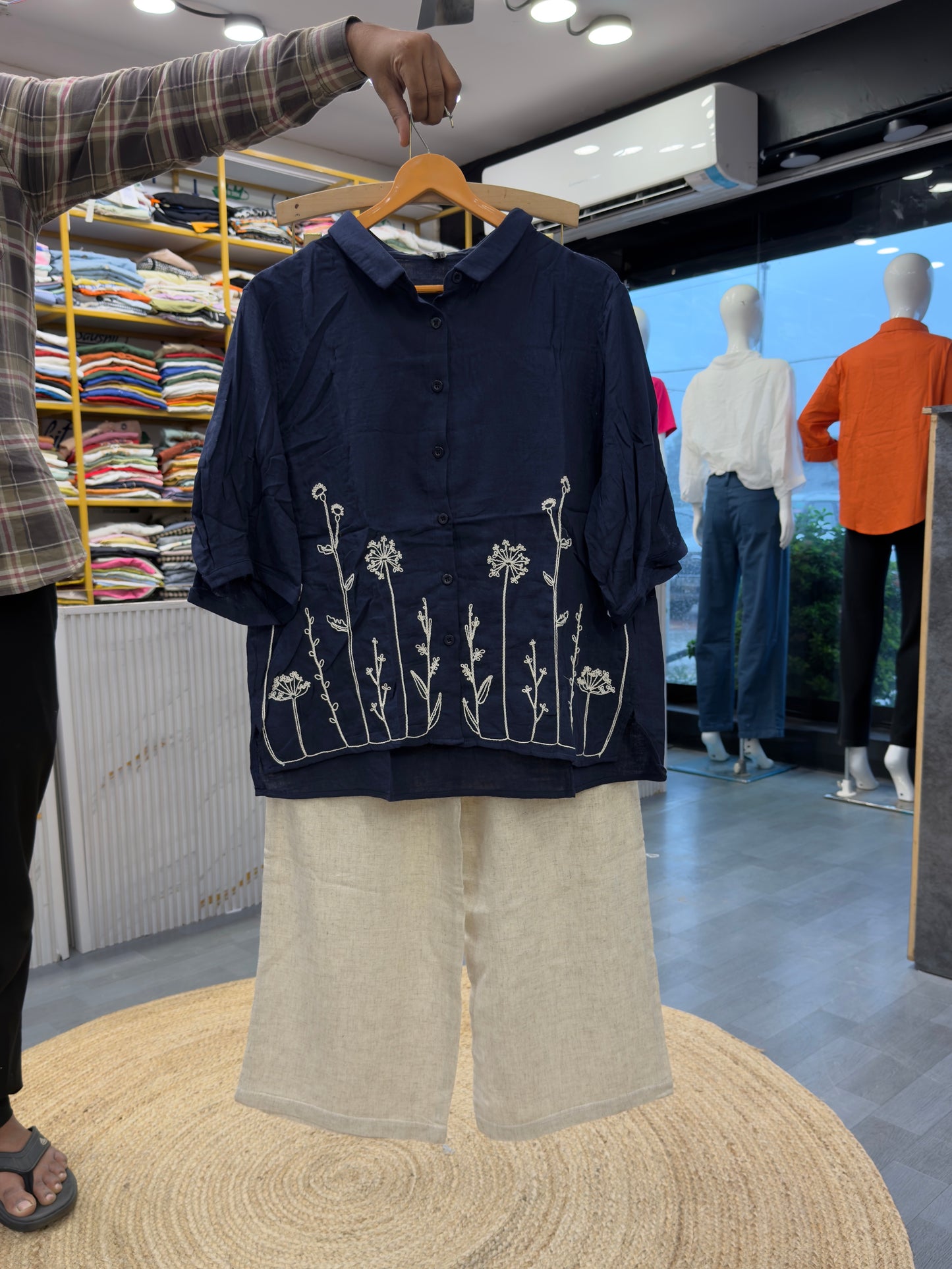 NAVY BLUE MUL  EMBROIDERY TOP  WITH LINEN PANT SET