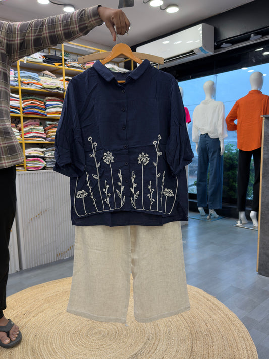 NAVY BLUE MUL  EMBROIDERY TOP  WITH LINEN PANT SET