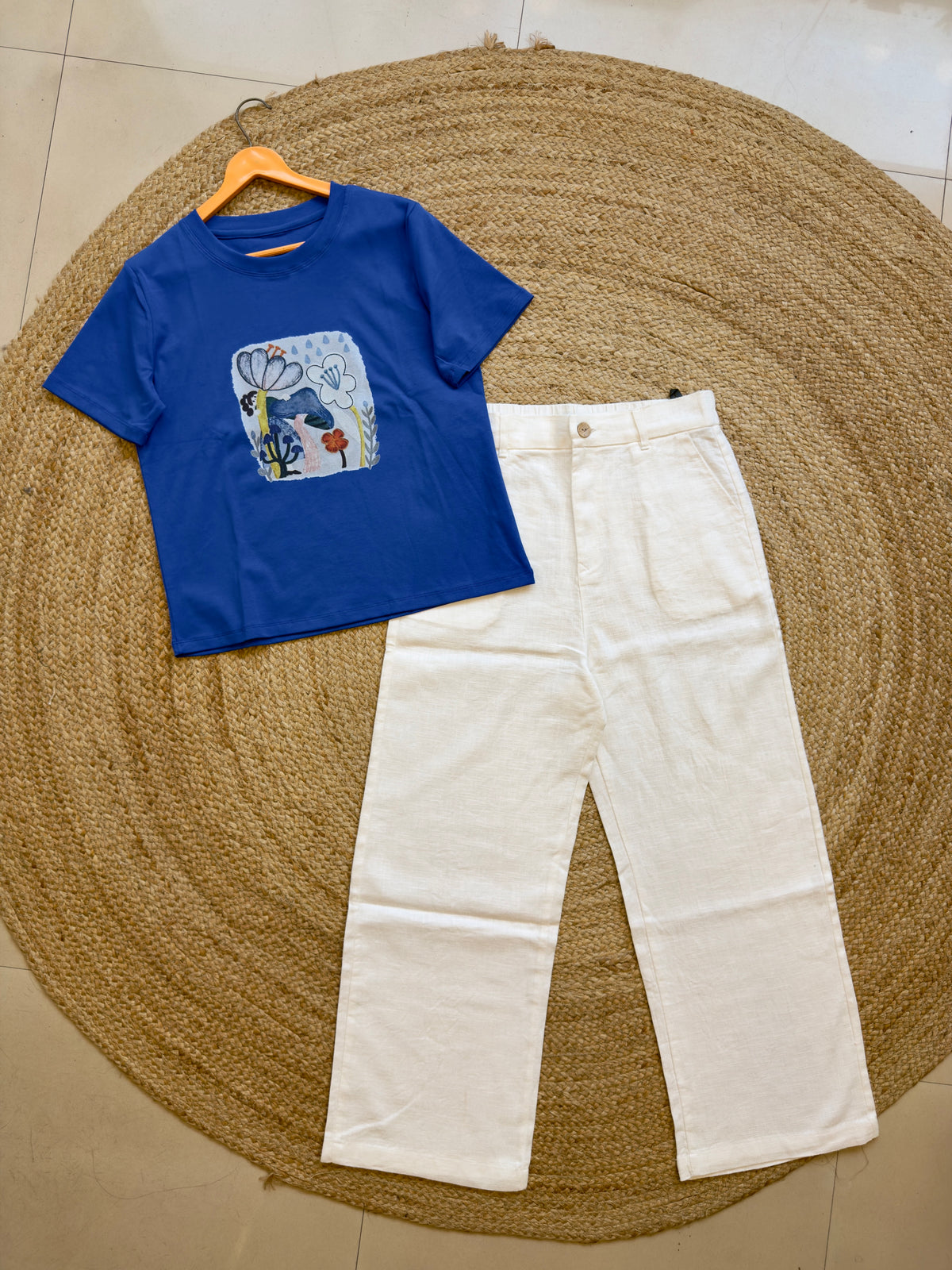 TRENDING COLOUR COTTON PRINT TSHIRT WITH LINEN STRAIGHT PANT SET