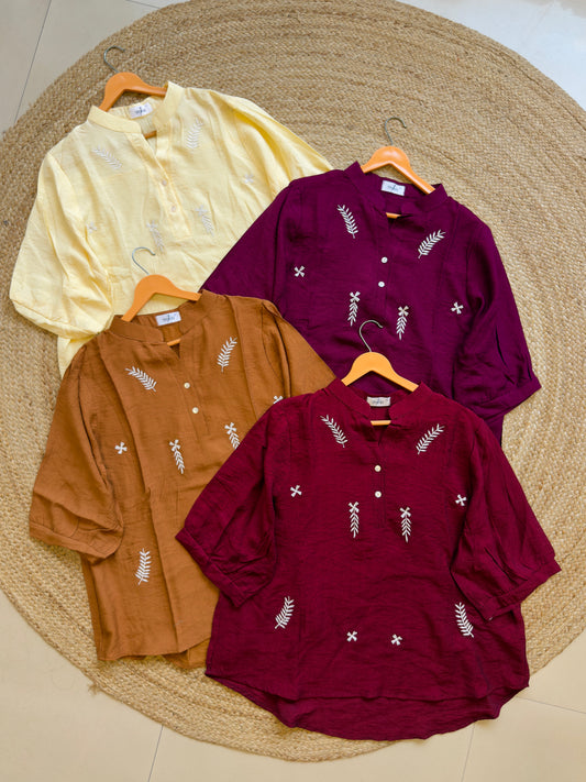 CASUAL LEAF EMBROIDERY LONG  TOP