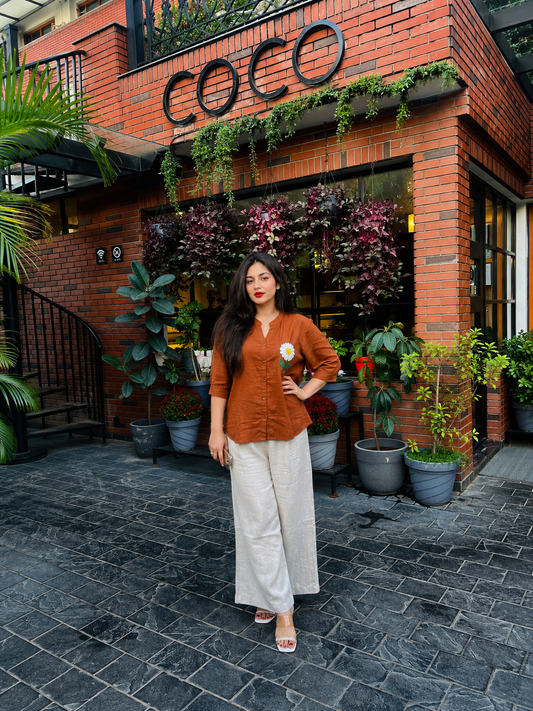 ORANGE CROCHET POCKET  LINEN TOP WITH LINEN COMFORTABLE PANT SET