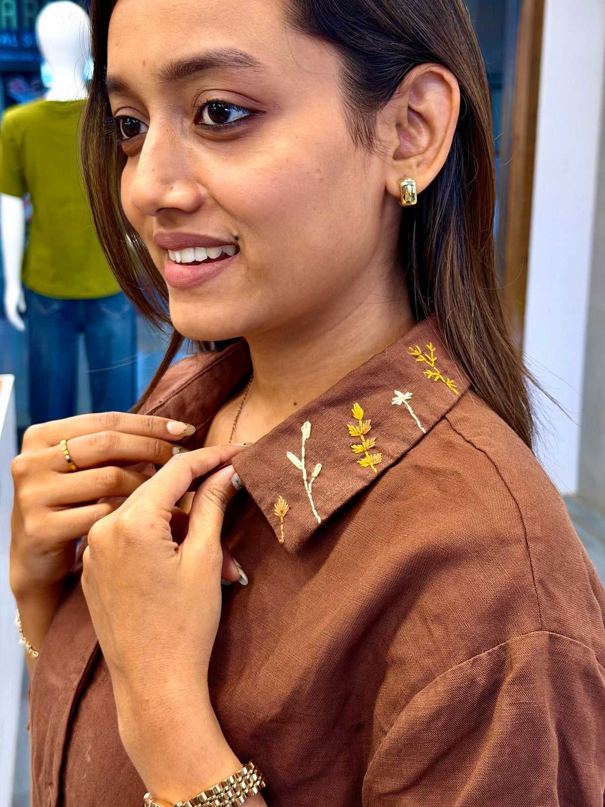 HAND WORK COLLAR EMBROIDERY LINEN SHIRT WITH LINEN PANT SET