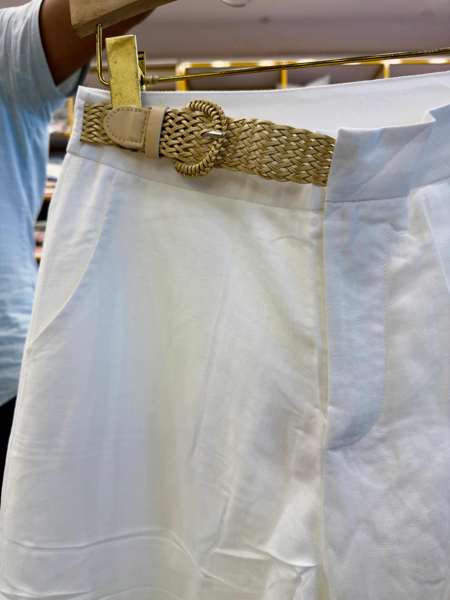 SIDE BELT PATTERN STRAIGHT LINEN TROUSER PANT