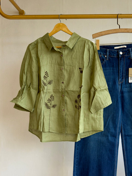OLIVE EMBROIDERY LINEN SHIRT