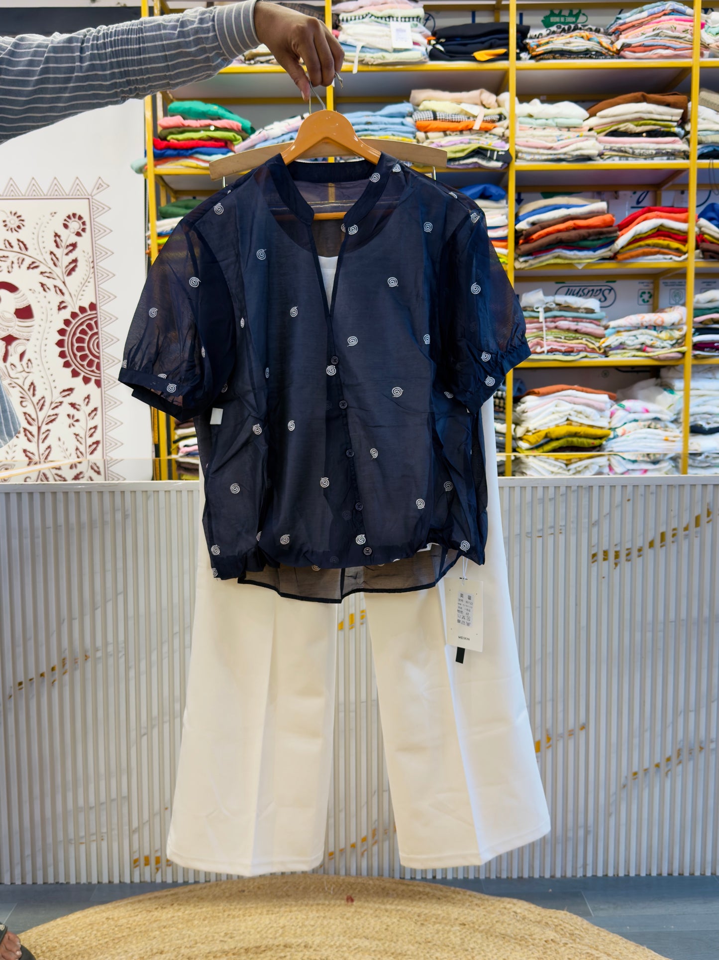 NAVY BLUE EMBROIDERY WITH LINING TOP WITH BELL BOTTOM PANT SET