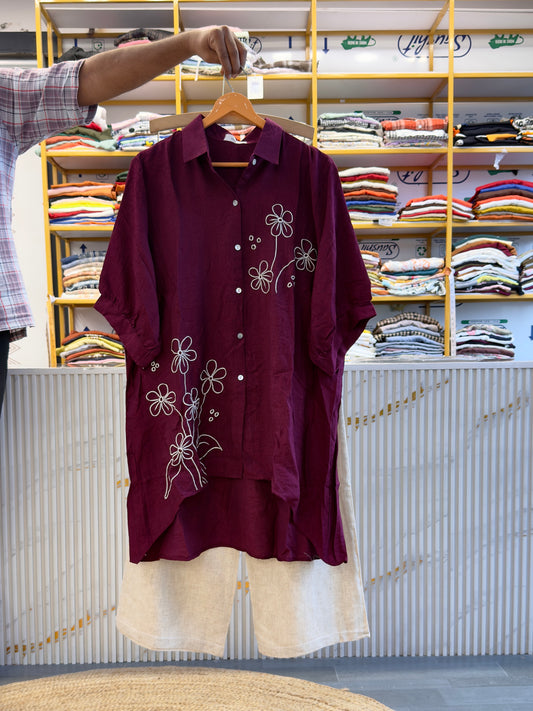 WINE  FLOWER EMBROIDERY A LINE LONG TUNIC TOP  WITH LINEN PANT SET