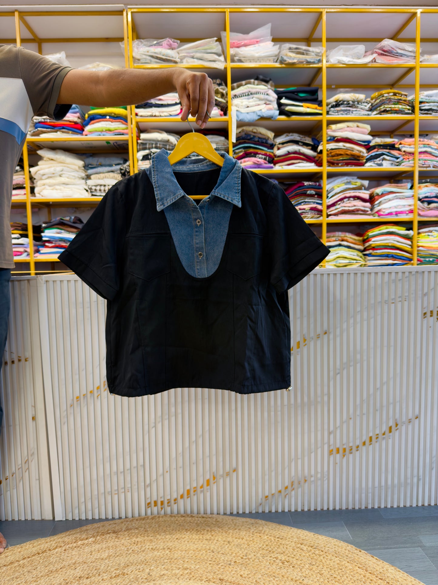BLACK HALF DENIM PATTERN TOP