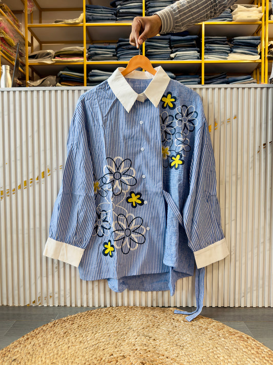 BEST SELLER STRIPS COTTON EMBROIDERY SIDE KNOT SHIRT