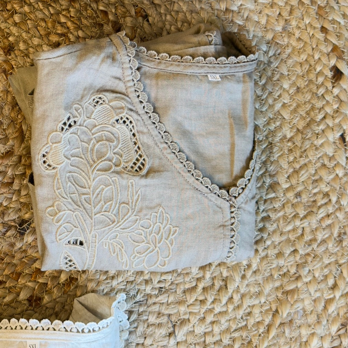 PURE LINEN V NECK EMBROIDERY SHIRT