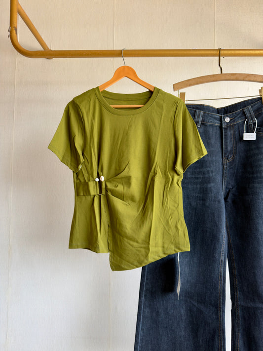 GREEN SHADE SIDE PEARL BROACH TSHIRT WITH BELL BOTTOM FIT DENIM PANT SET