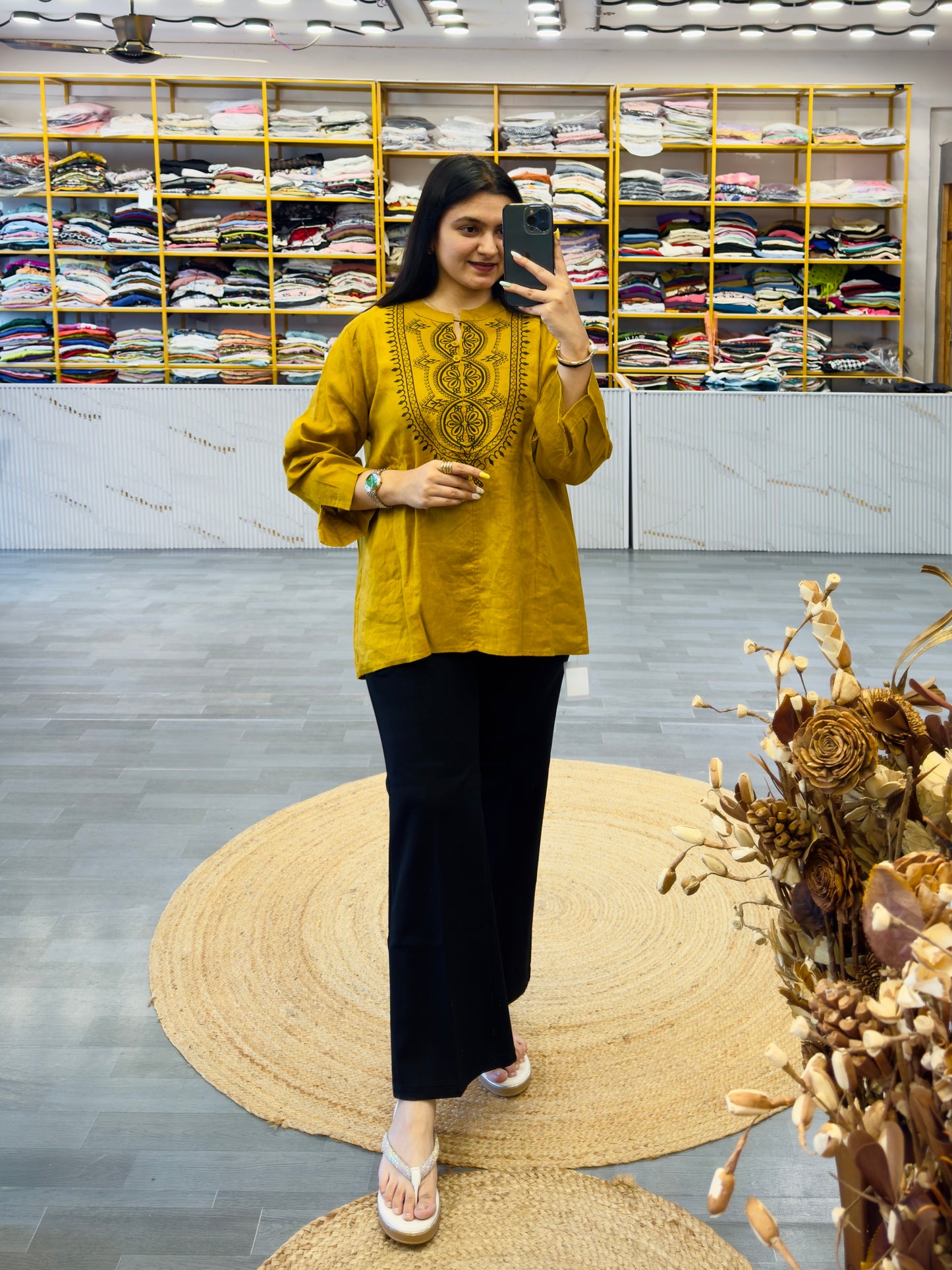 MASTARD LINEN EMBROIDERY TUNIC TOP  WITH BELL BOTTOM TROUSER PANT SET