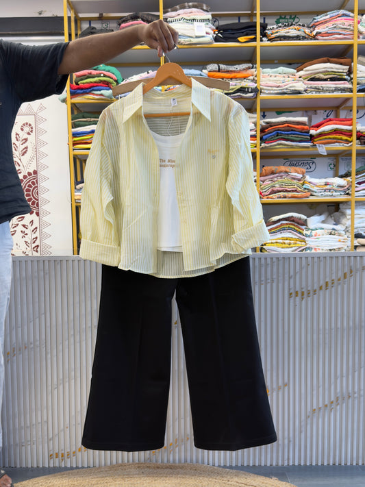 YELLOW CROP CHEX SPAGHETTI SHIRT WITH STRAIGHT STRETCHABLE TROUSER PANT SET