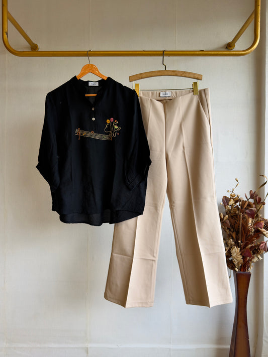 BLACK HAND EMBROIDERY CASUAL TOP WITH BELL BOTTOM PANT SET