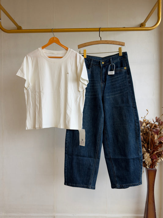 WHITE SIMPLE PREMIUM PLAIN TSHIRT WITH BARREL FIT DENIM PANT SET