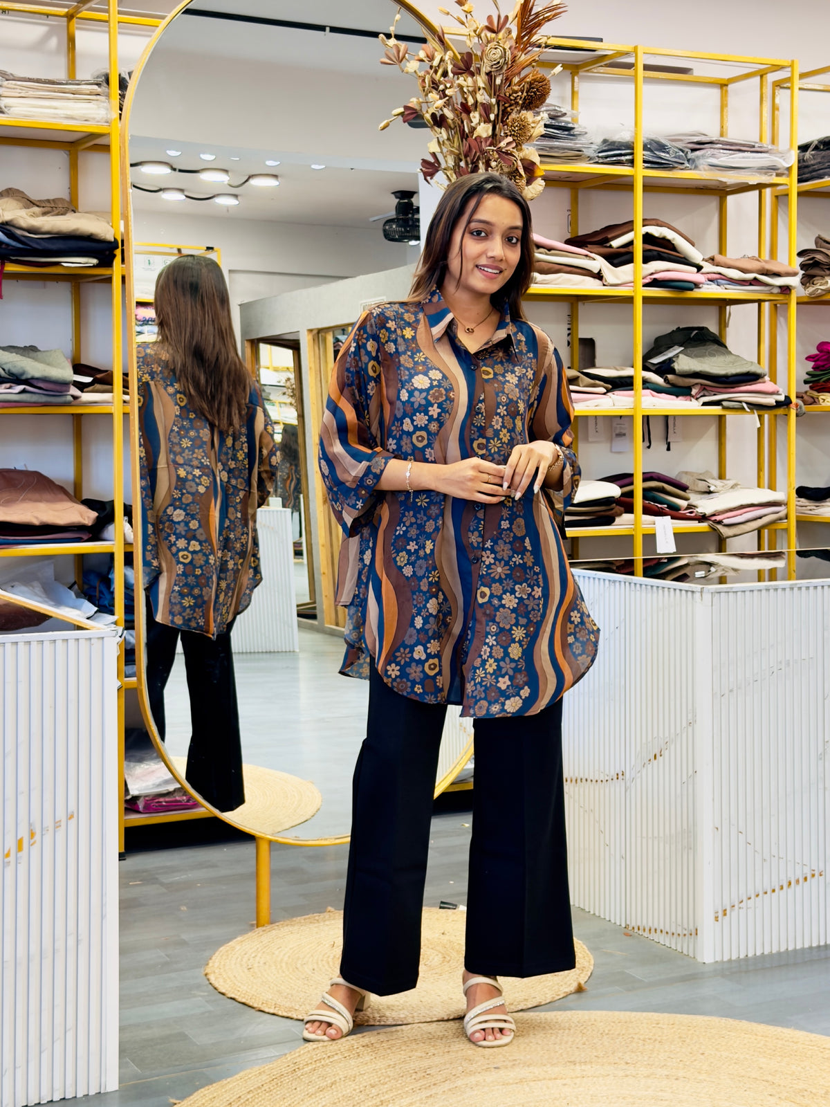 PRINTED  LONG SHIRT  WITH BELL BOTTOM PANT SET