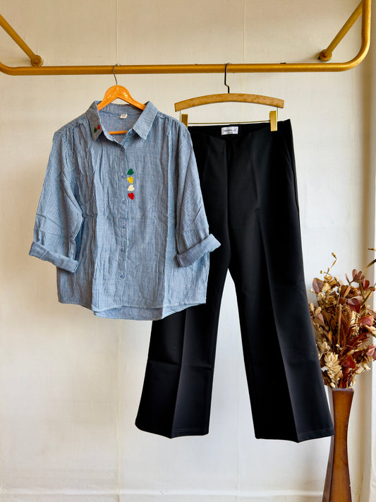 STRIP EMBROIDERY MUL COTTON SHIRT TOP WITH BELL BOTTOM PANT SET