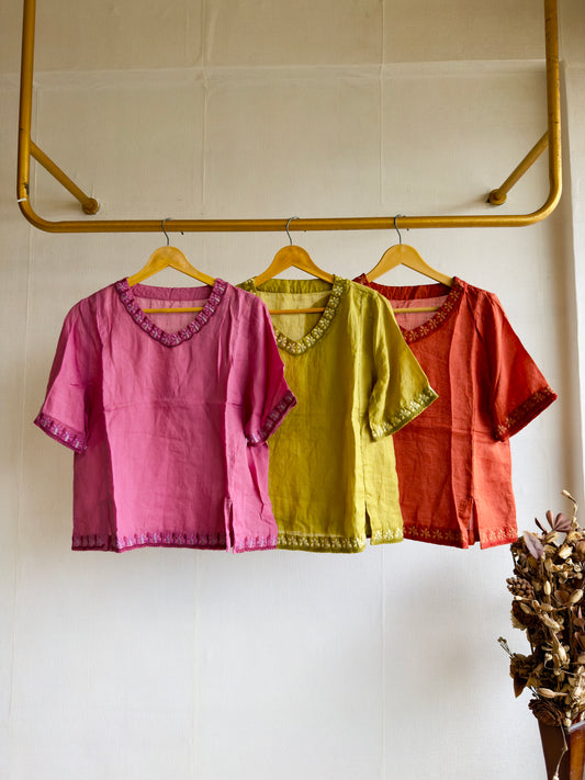 EMBROIDERY V NECK HALF SLEEVE LINEN TOP