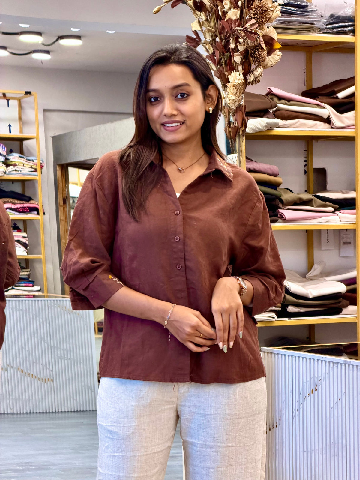 HAND WORK COLLAR EMBROIDERY LINEN SHIRT WITH LINEN PANT SET