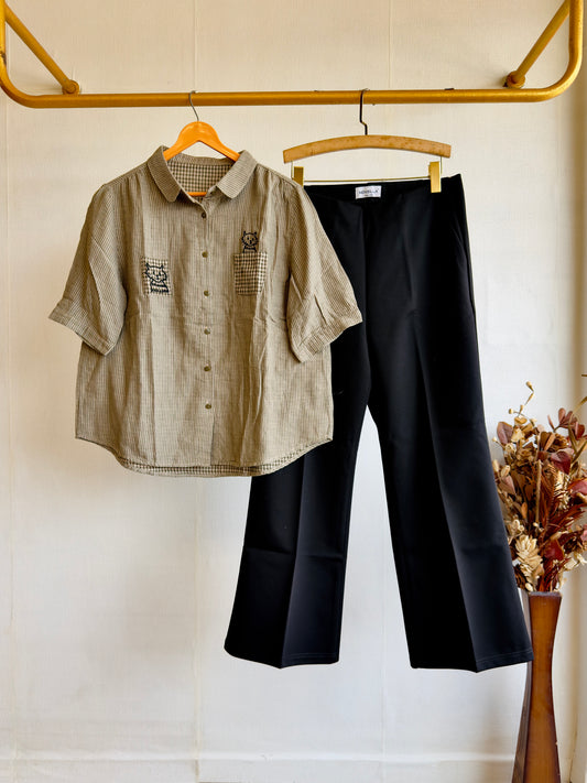 STRIP EMBROIDERY MUL COTTON SHIRT TOP WITH BELL BOTTOM PANT SET