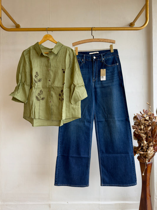 OLIVE LINEN EMBROIDERY SHIRT WITH IMPORTED SOFT DENIM PANT SET