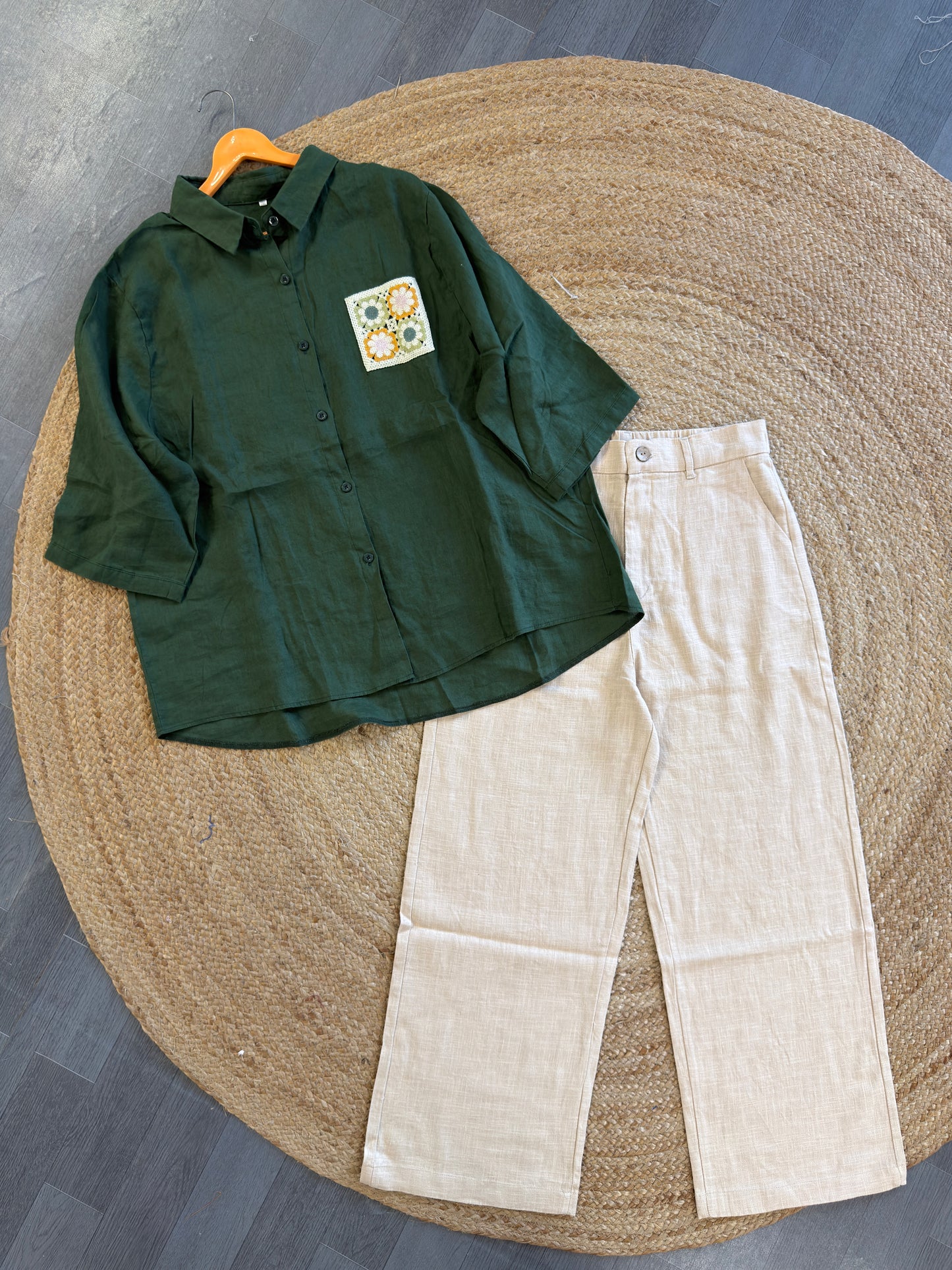 DARK GREEN CROCHET POCKET LINEN SHIRT WITH LINEN STRAIGHT PANT SET