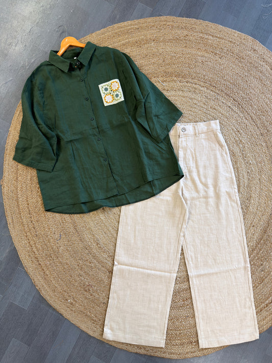 DARK GREEN CROCHET POCKET LINEN SHIRT WITH LINEN STRAIGHT PANT SET