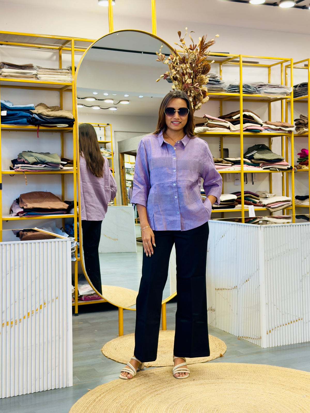 PURPLE LACE LINEN SHIRT  WITH BELL BOTTOM PANT SET