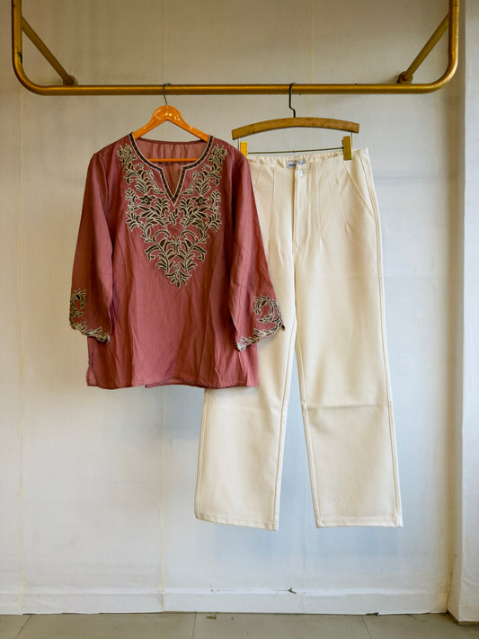 PINK EMBROIDERY TUNIC TOP  WITH STRAIGHT FIT PANT SET