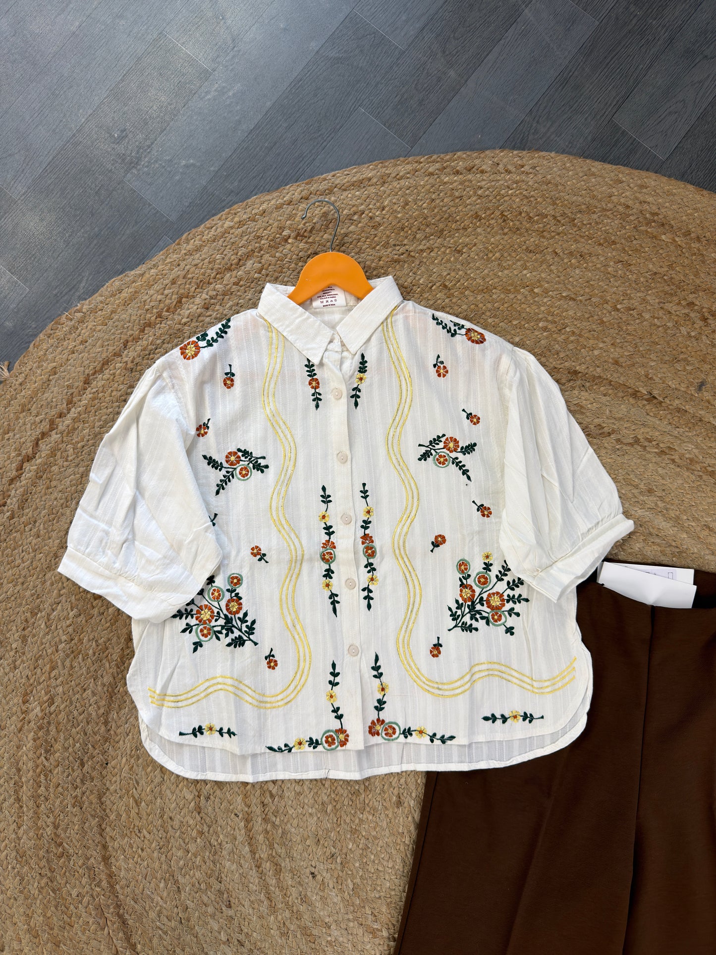 WHITE EMBROIDERY TOP WITH BELL BOTTOM PANT SET