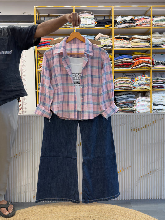 PINK CHEX SHIRT WITH SPAGHETTI TOP WITH STRAIGHT DENIM PANT SET