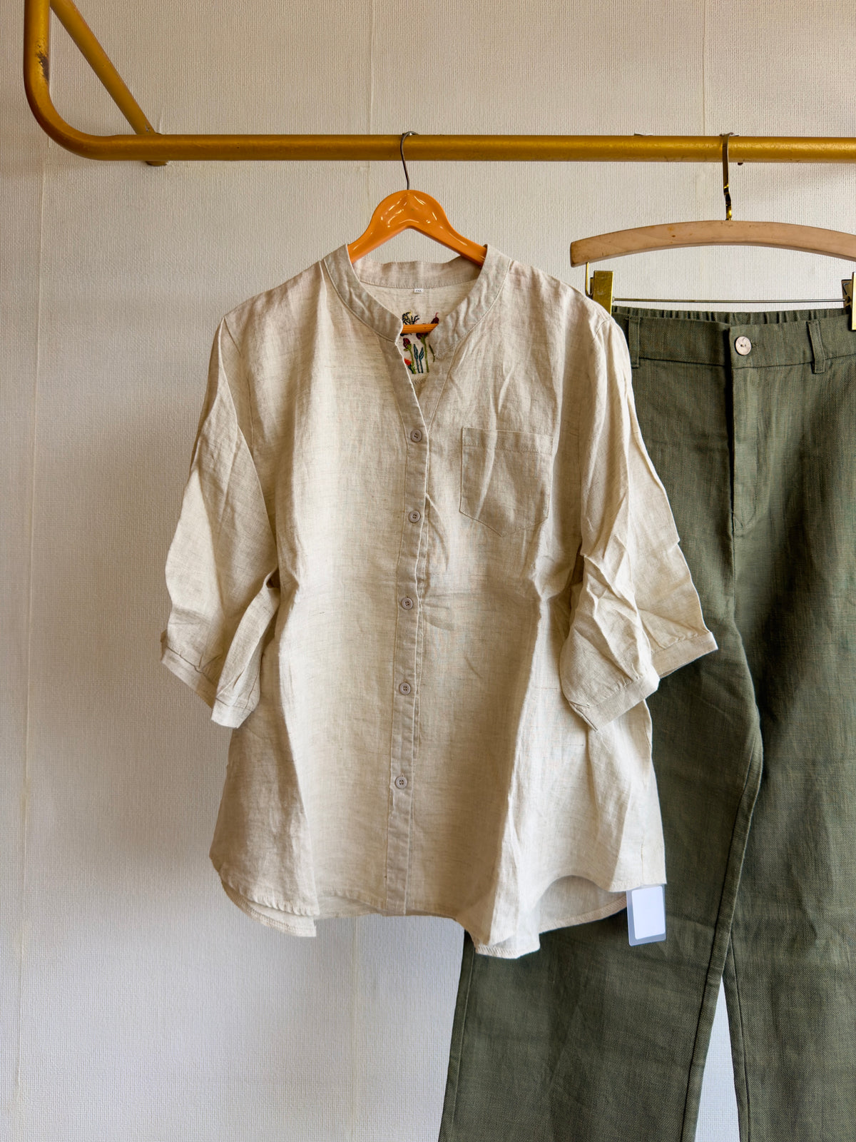 BACK EMBROIDERY LINEN TOP WITH LINEN STRAIGHT PANT SET