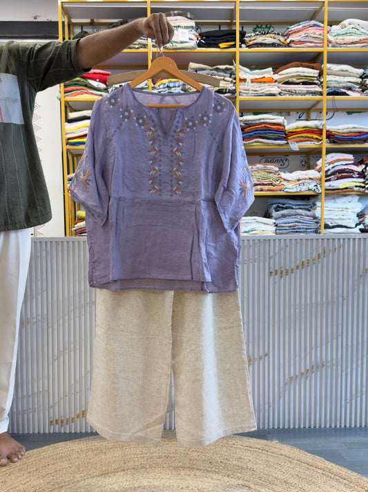 PURPLE LINEN EMBROIDERY TOP  WITH LINEN PANT SET
