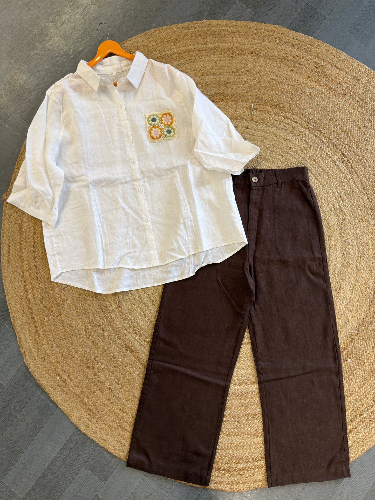 WHITE CROCHET POCKET LINEN SHIRT WITH LINEN STRAIGHT PANT SET