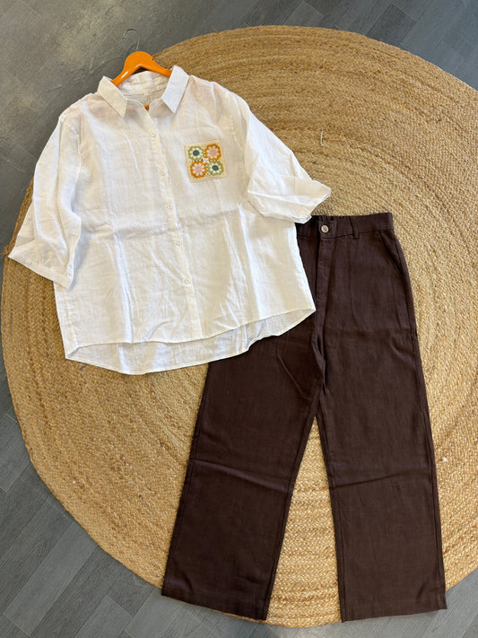 WHITE CROCHET POCKET LINEN SHIRT WITH LINEN STRAIGHT PANT SET