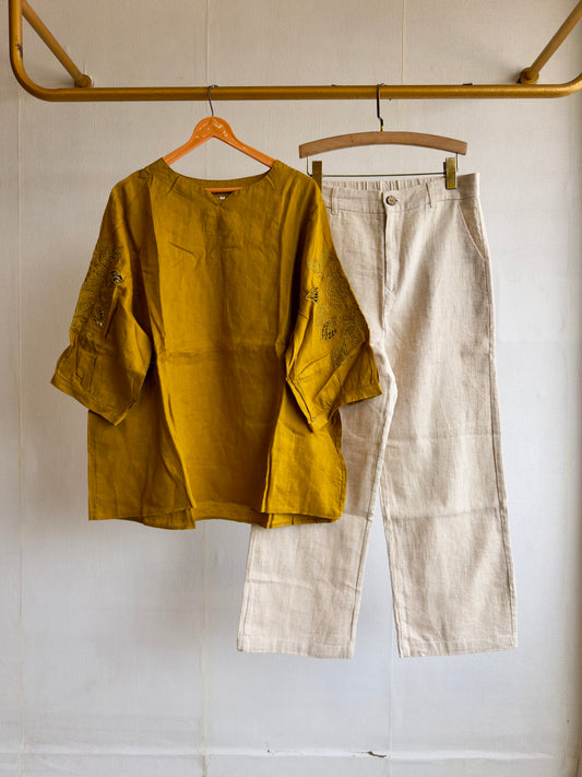 SLEEVE CUTWORK EMBROIDERY LINEN TOP WITH LINEN STRAIGHT PANT SET