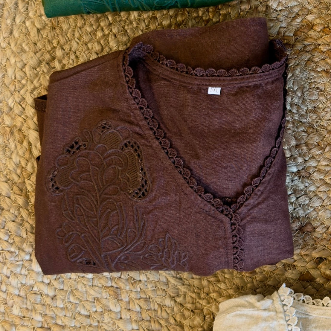 PURE LINEN V NECK EMBROIDERY SHIRT
