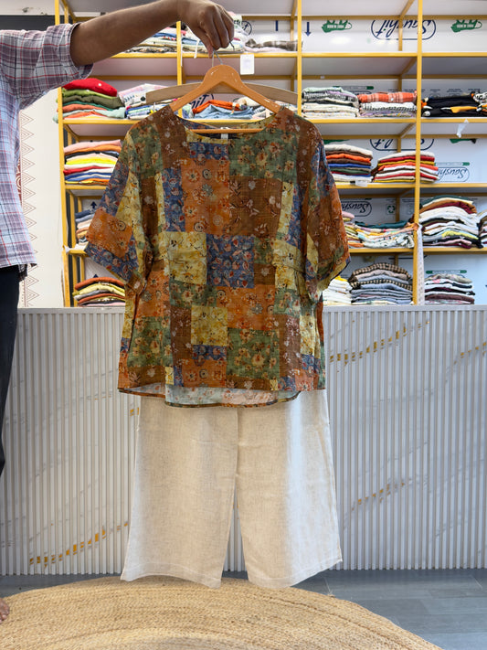COTTON PRINT TOP  WITH LINEN PANT SET