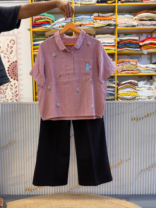 PINK SMALL CHEX EMBROIDERY TOP WITH BELL BOTTOM PANT SET