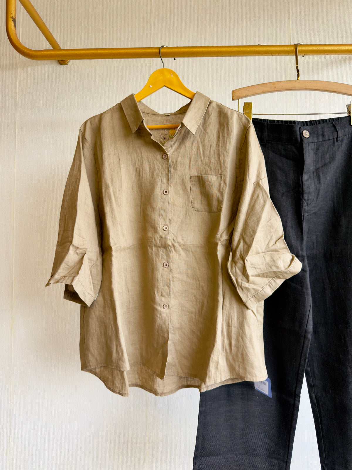LINEN BACK EMBROIDERY SHIRT WITH LINEN STRAIGHT PANT SET